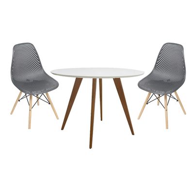 conjunto-mesa-square-redonda-tampo-branco-fosco-88cm-com-2-cadeiras-eames-colmeia-preta-com-base-madeira