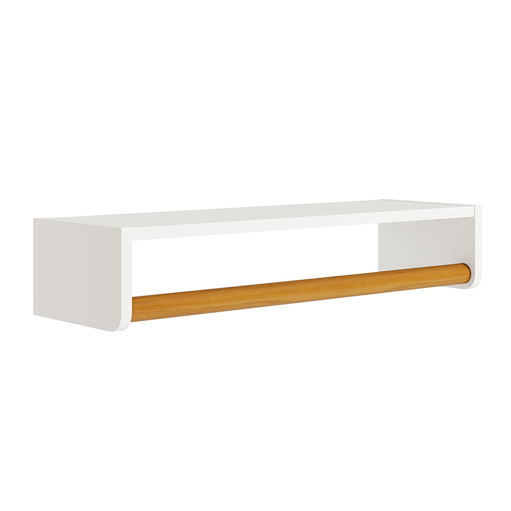 Prateleira com Cabideiro Theo Branco Fosco e Madeira - 70cmx20cmx13cm - Prateleira com Cabideiro Theo Branco Fosco e Mel - 70cmx20cmx13cm