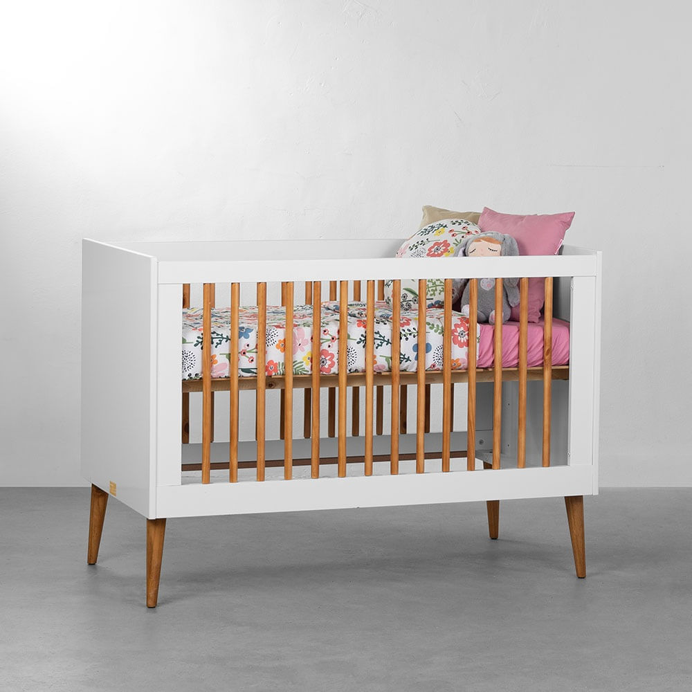 Berço Mini Cama Noah Wood Classic com Kit Pé Retrô Madeira - Branco Fosco - Berço Mini Cama Noah Wood com Pés Retrô Mel - Branco Fosco