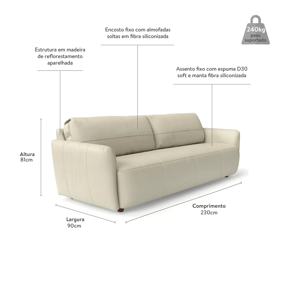 Sofá Teruel Couro Natural Sherwood Lugano